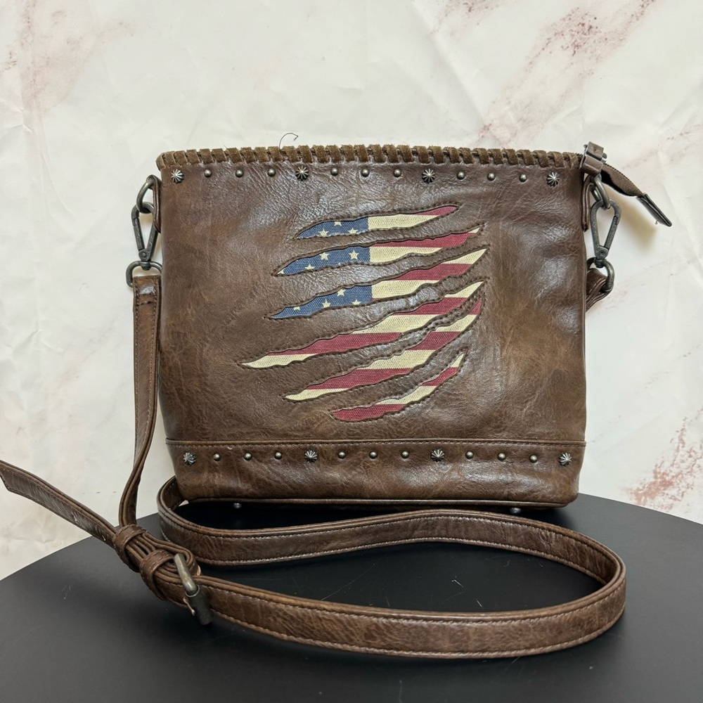 Shyanne Brown Leather Shoulder Bag with American Flag Design